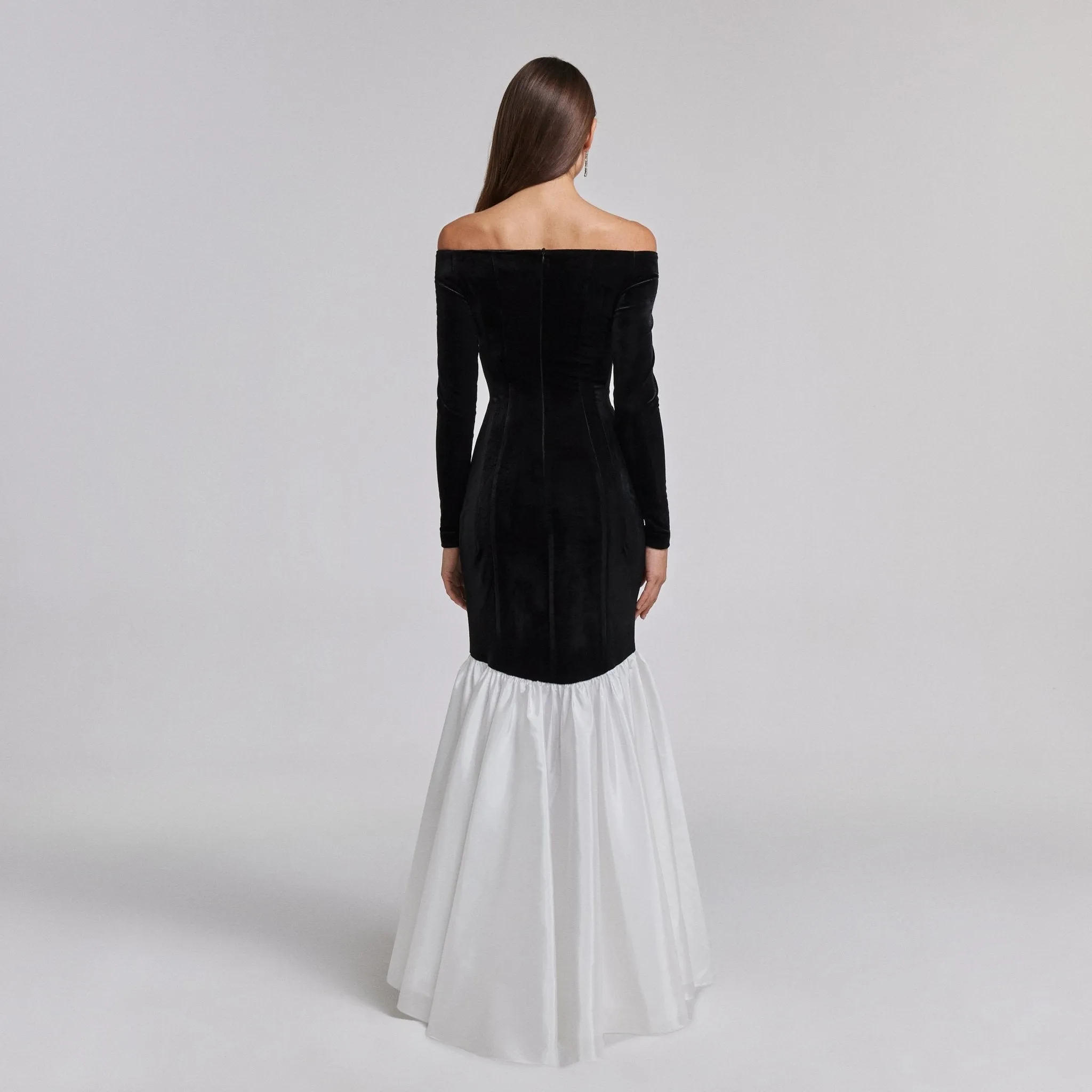 Black Velvet Off Shoulder Maxi Dress with White Ruffles
