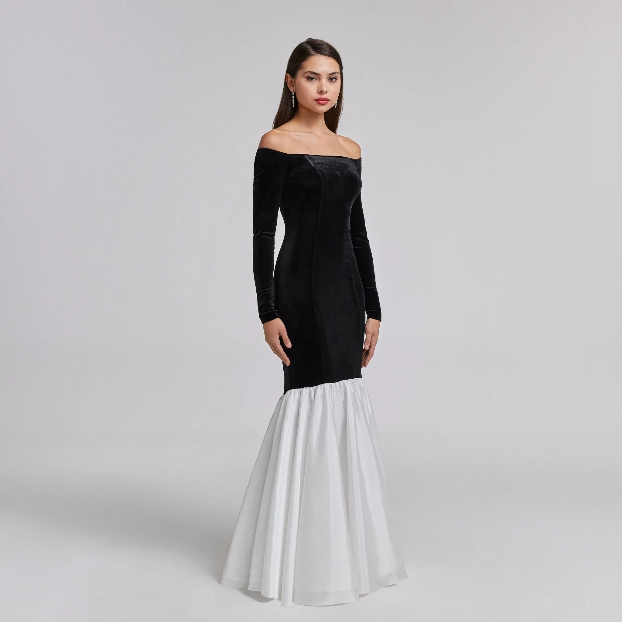 Black Velvet Off Shoulder Maxi Dress with White Ruffles