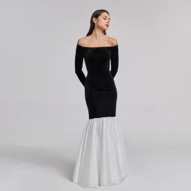 Black Velvet Off Shoulder Maxi Dress with White Ruffles