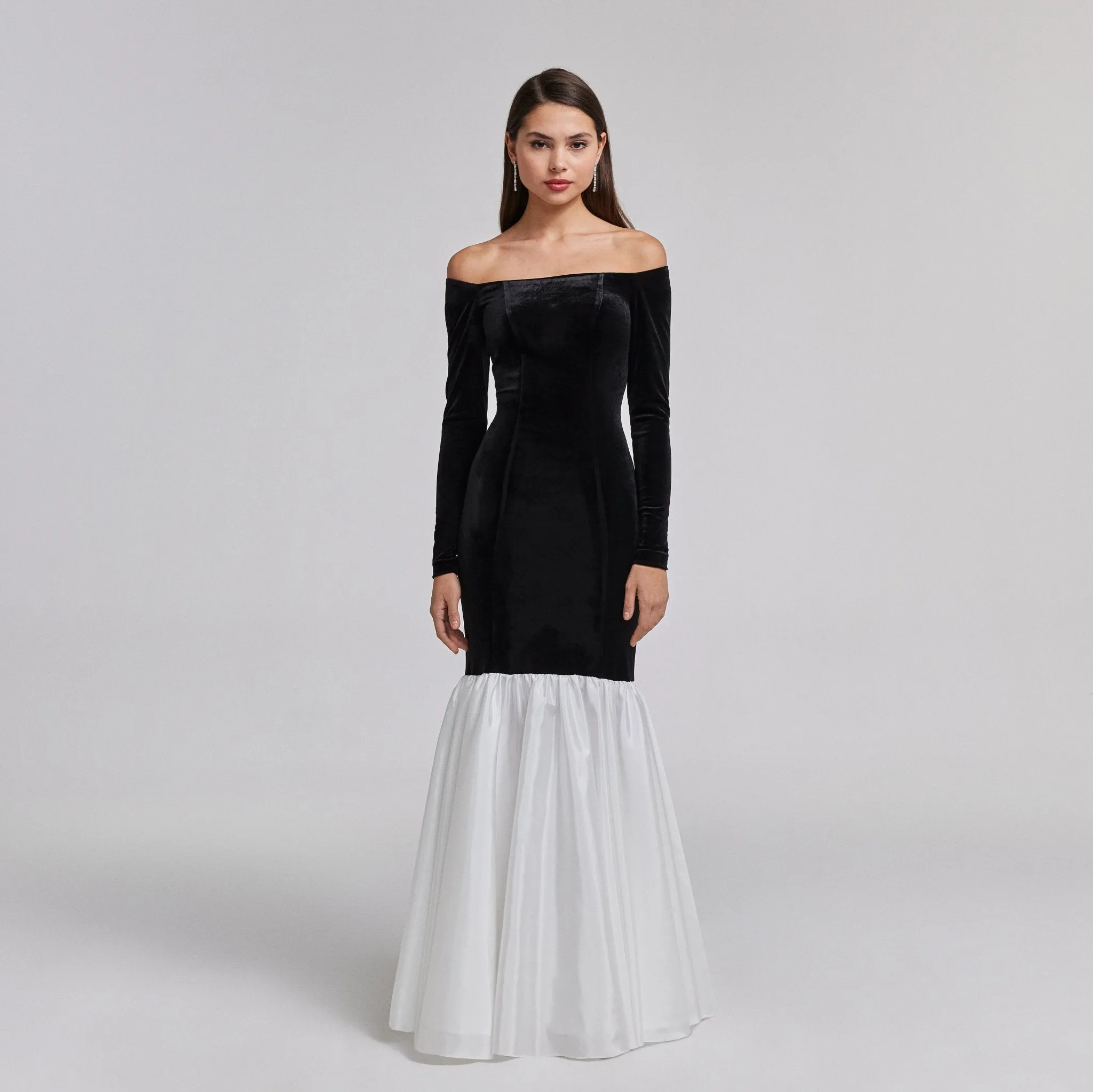 Black Velvet Off Shoulder Maxi Dress with White Ruffles