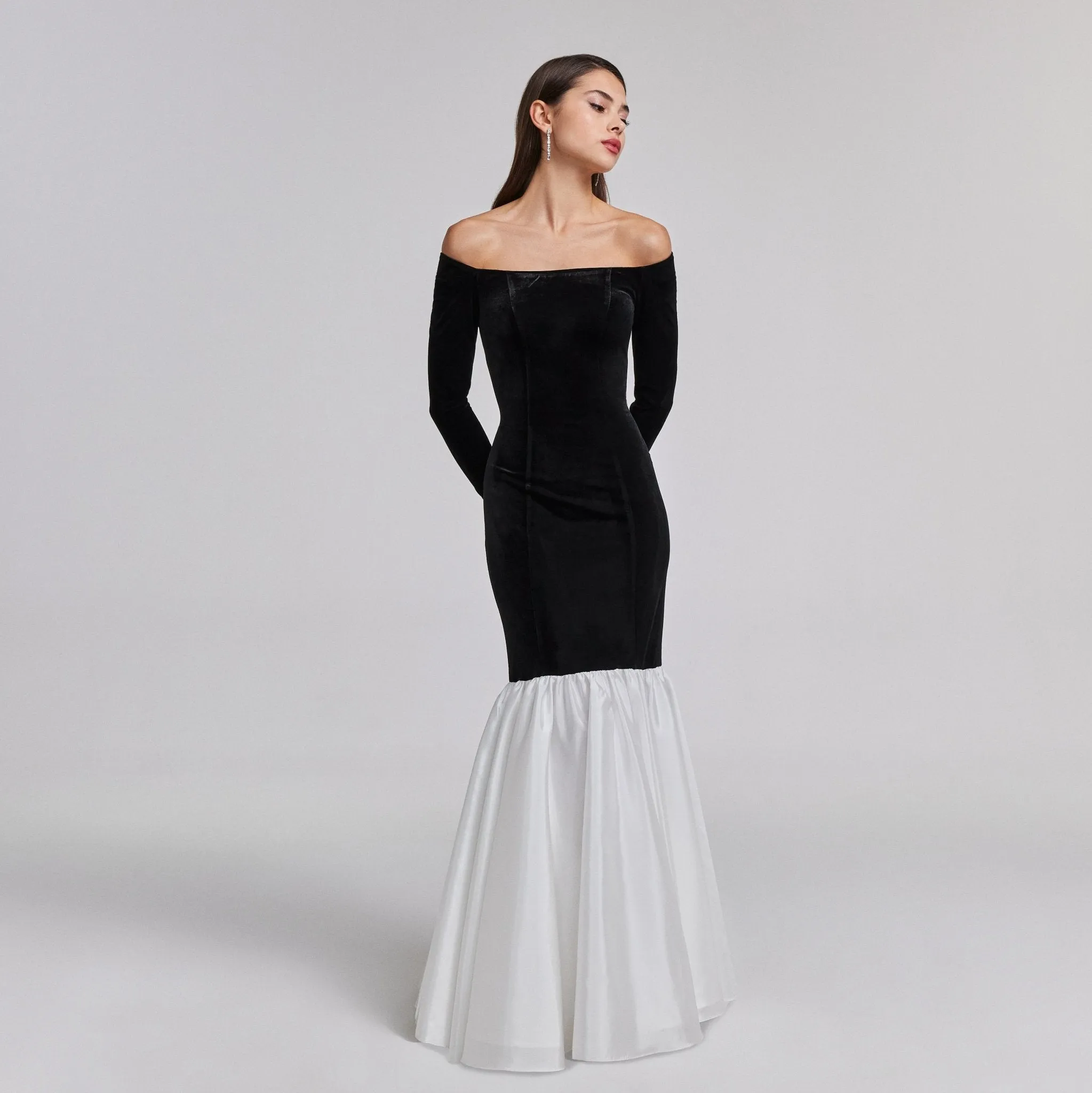 Black Velvet Off Shoulder Maxi Dress with White Ruffles