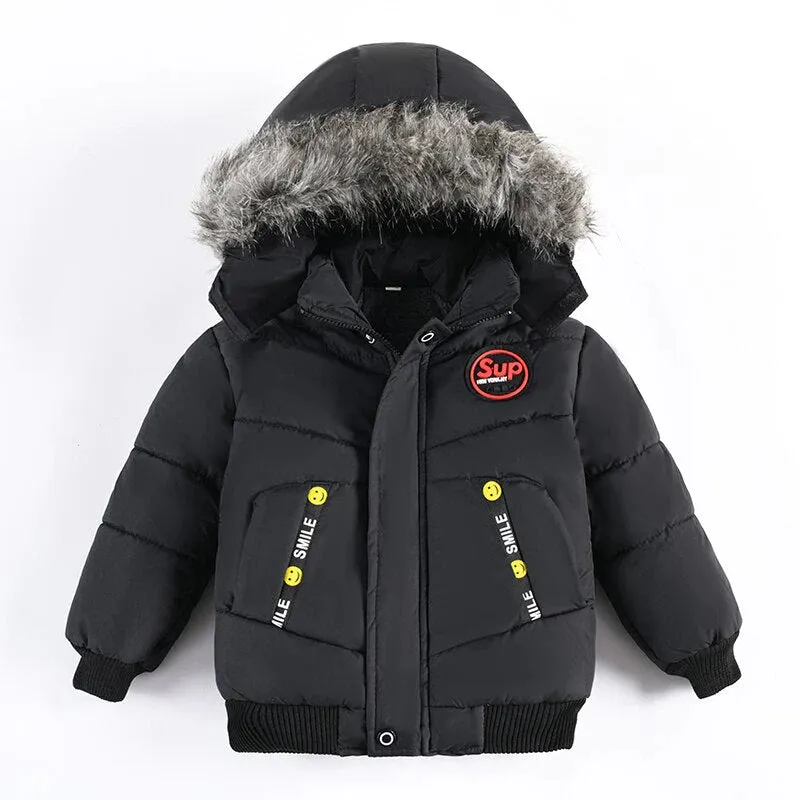 Boys Fur Collar Hooded Zipper Jacket