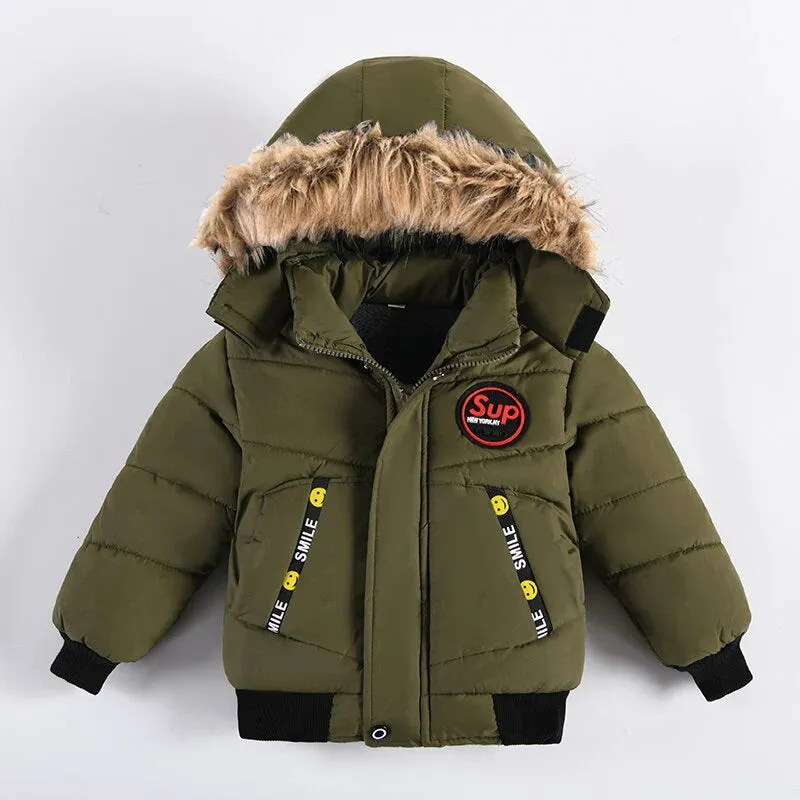 Boys Fur Collar Hooded Zipper Jacket