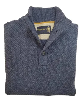 Button Mock Sweater in Denim Blue Textured Cotton Blend