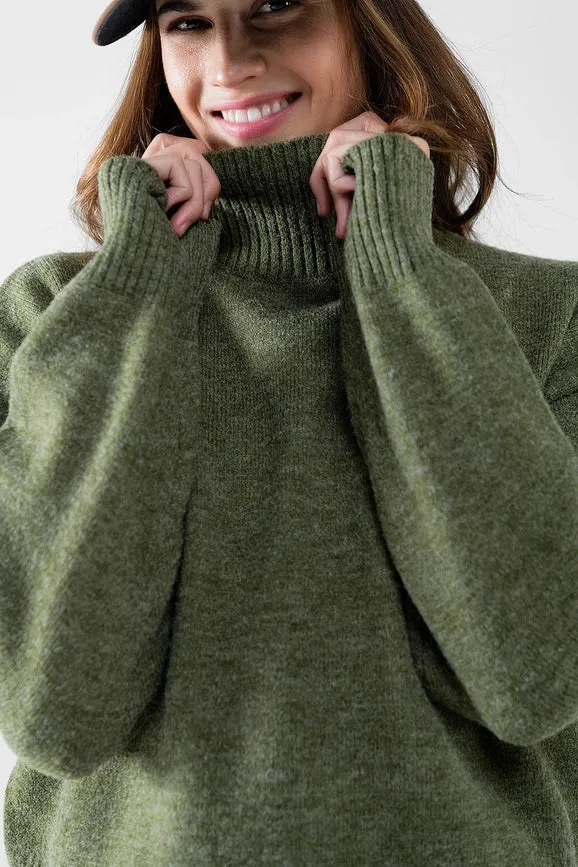 Chunky Knit Sweater in Green with Turtleneck