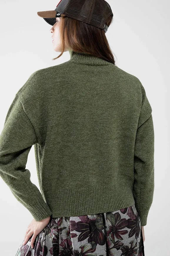 Chunky Knit Sweater in Green with Turtleneck