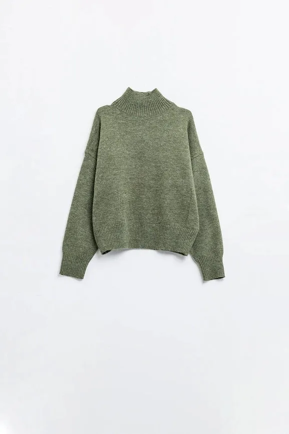 Chunky Knit Sweater in Green with Turtleneck