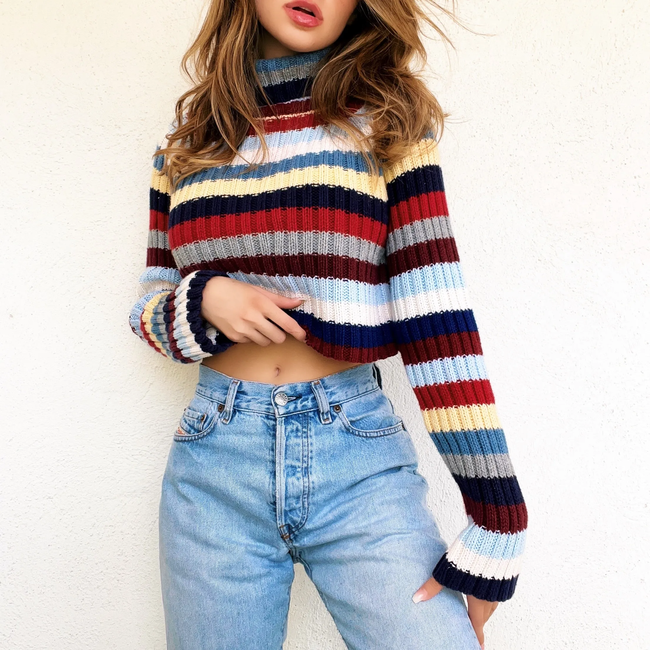 Cropped Striped Turtleneck Sweater