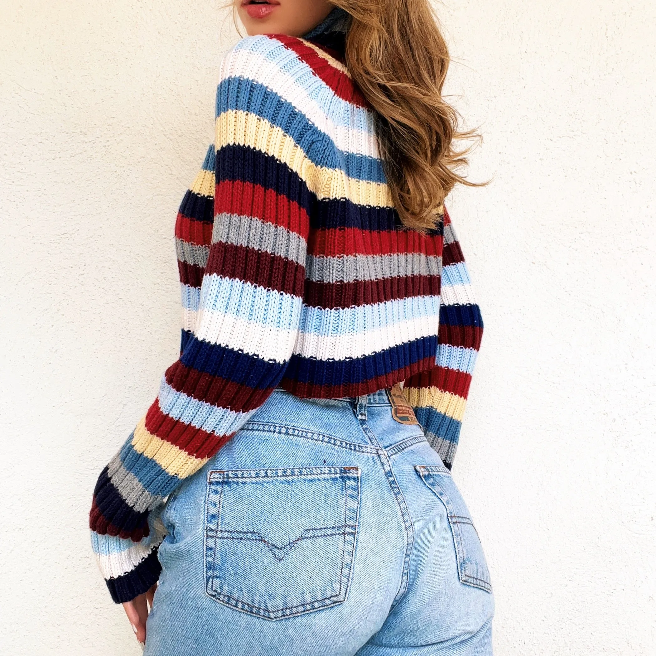 Cropped Striped Turtleneck Sweater