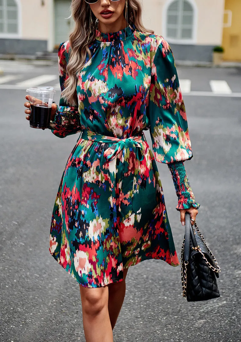 Dark Green Long Sleeve Floral Print Ruffle Short Dress