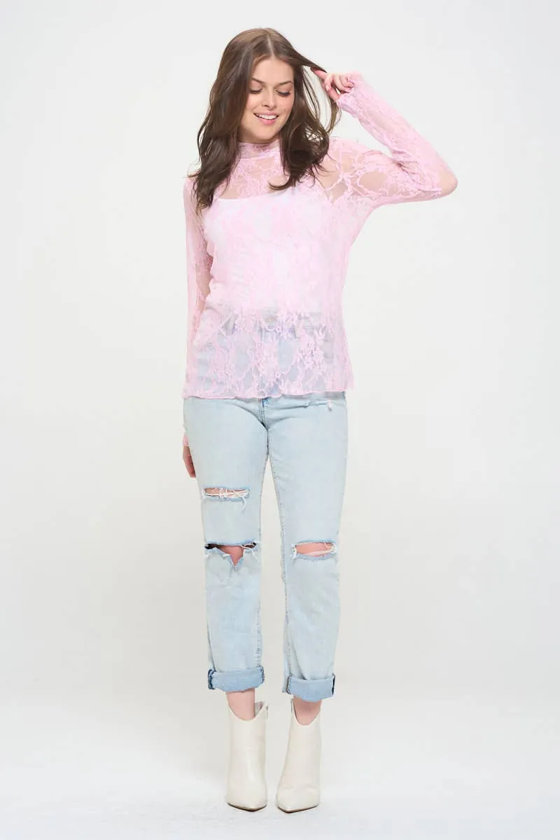 Floral print lace long sleeve top