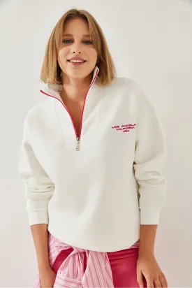High-Neck Zip-Up Fleece-Lined Oversized Sweatshirt