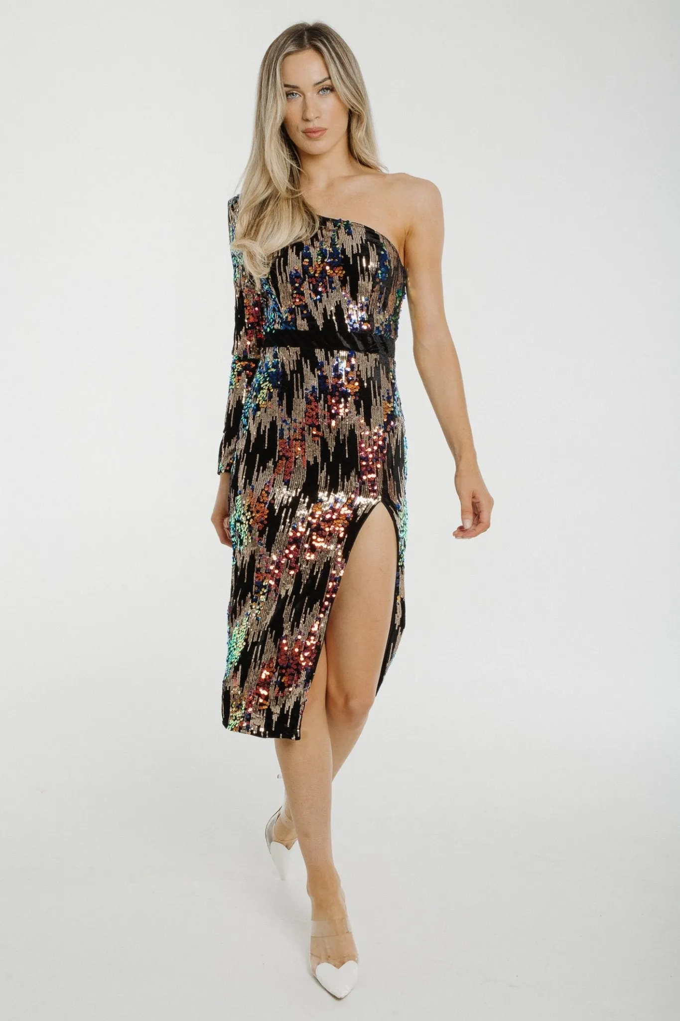 Holly One Shoulder Sequin Midi Dress in Black