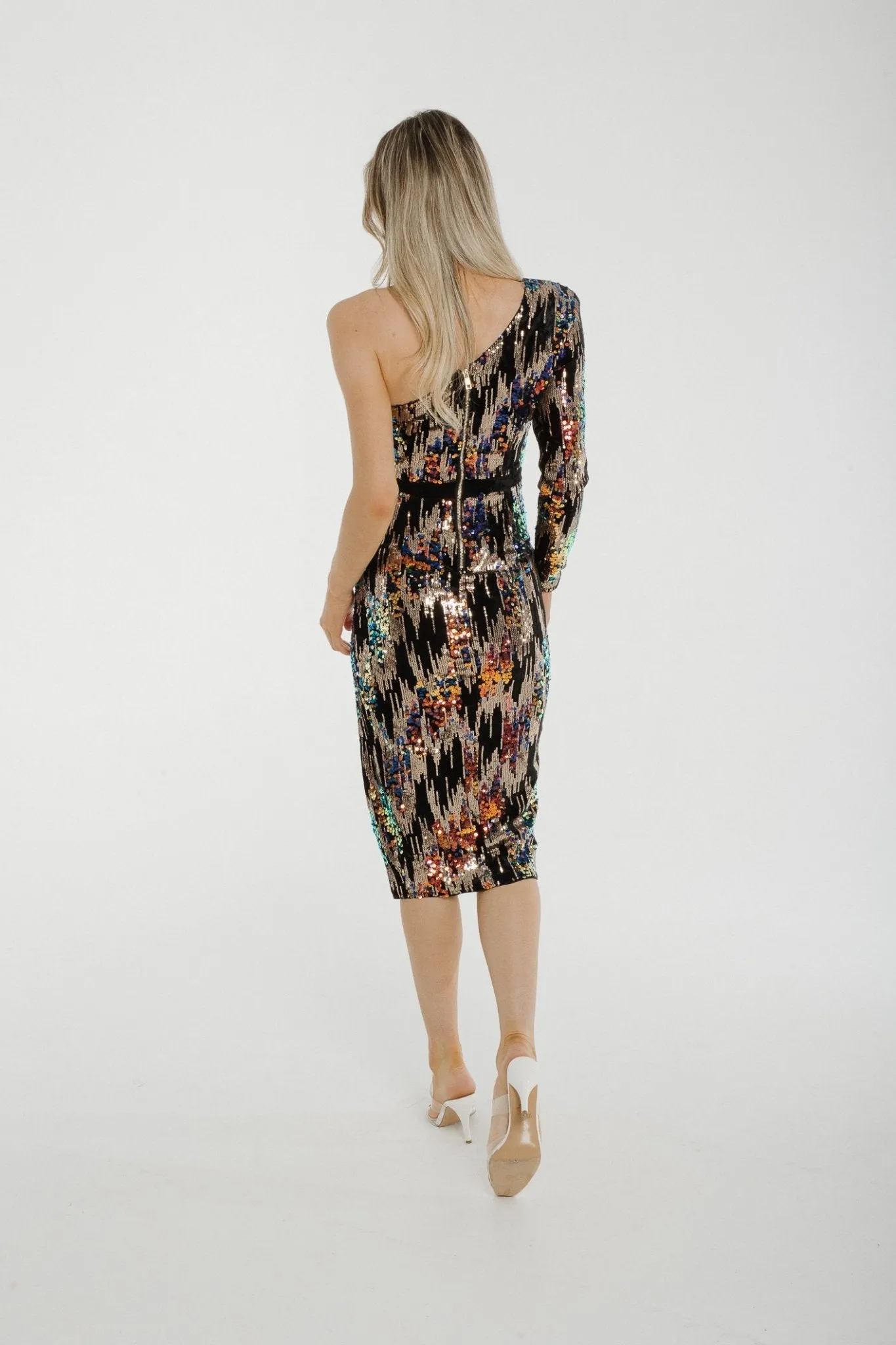Holly One Shoulder Sequin Midi Dress in Black