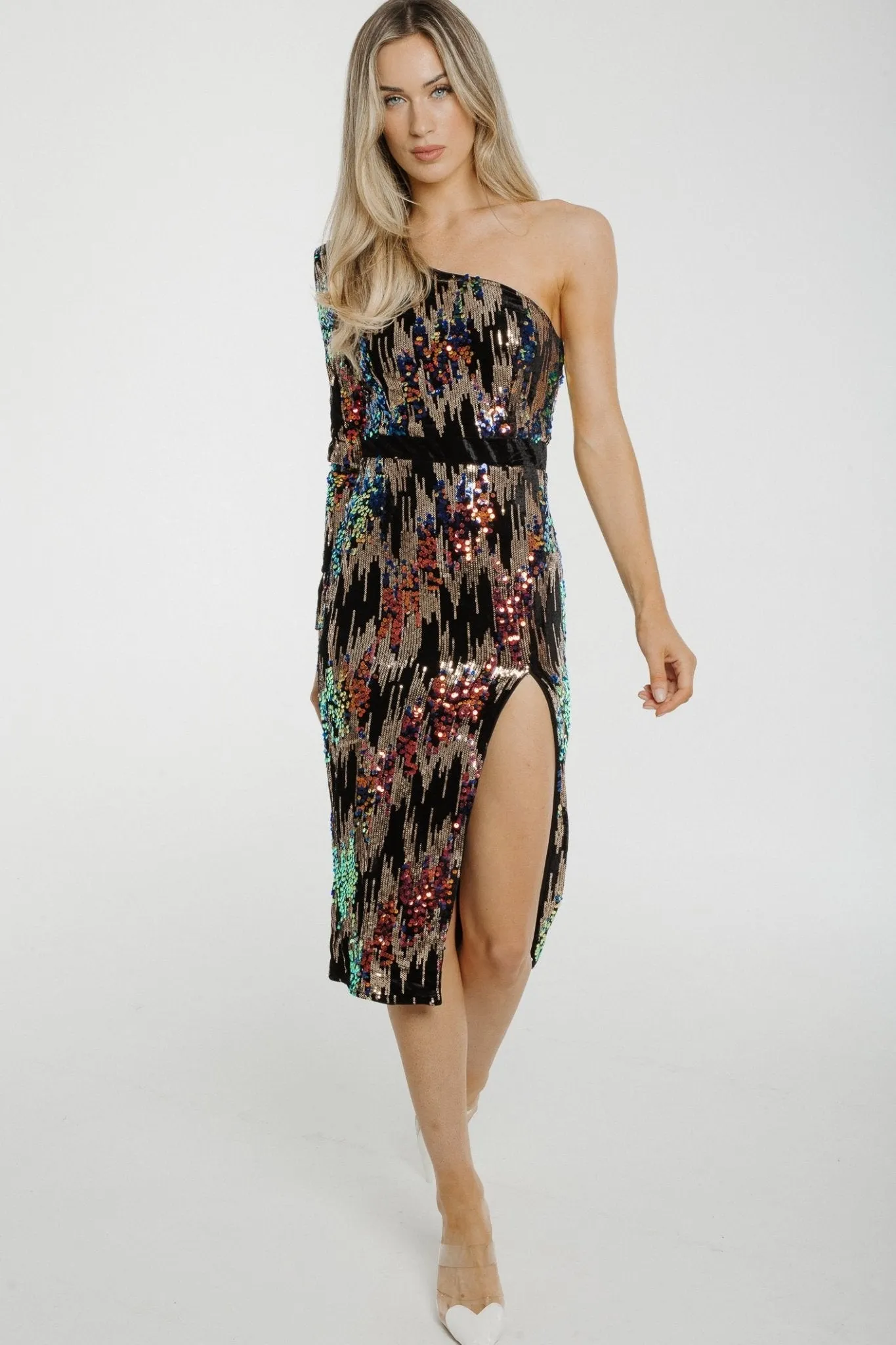 Holly One Shoulder Sequin Midi Dress in Black