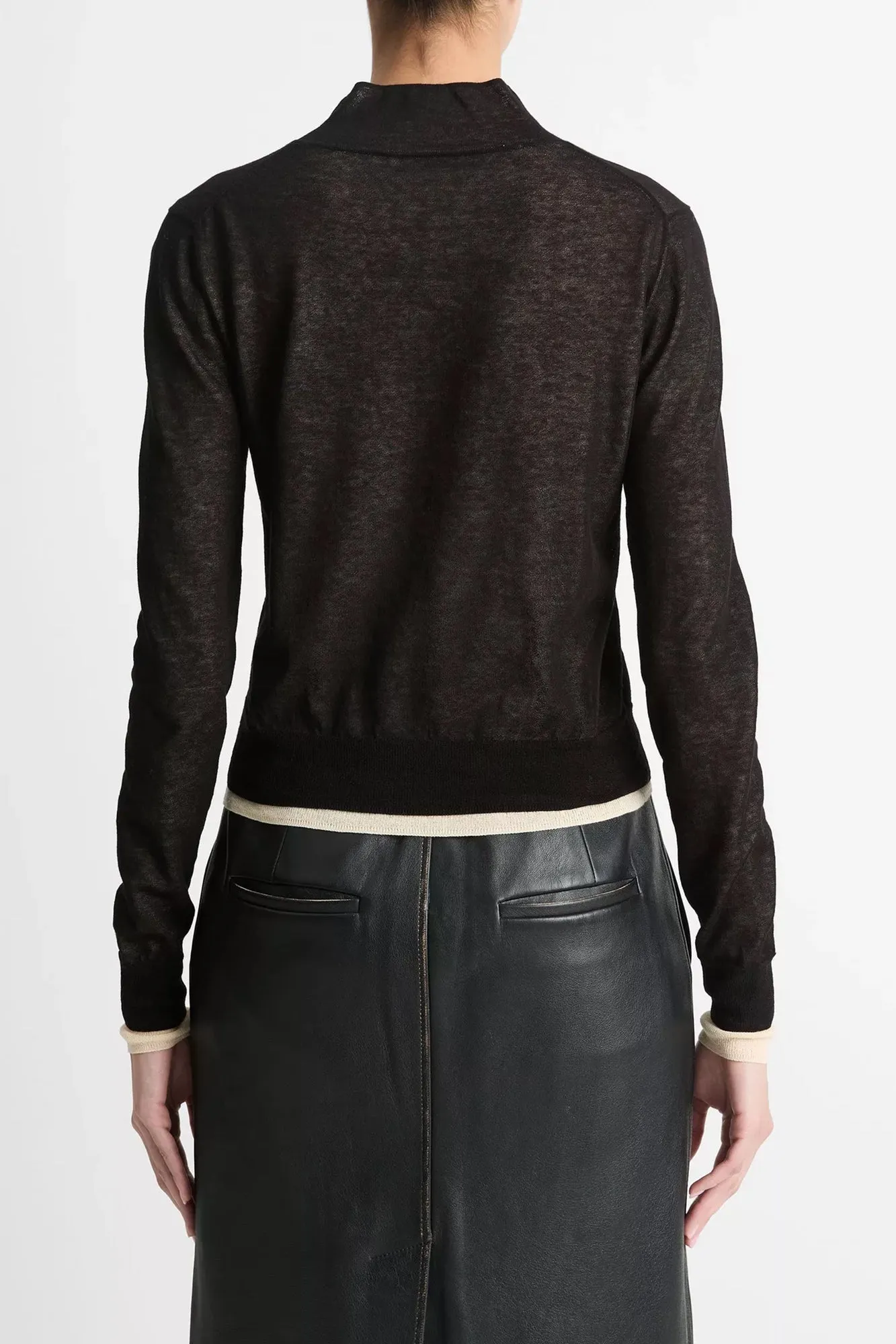 Italian Cotton-Blend Double-Layer Mock-Neck Sweater Black/White Sand