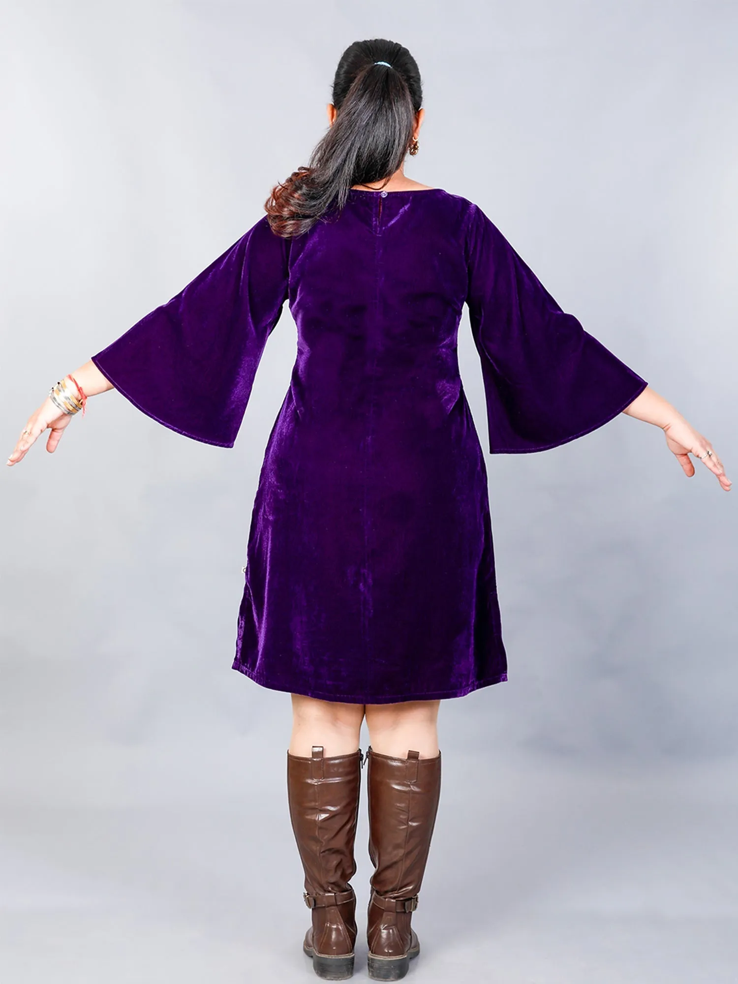 Makhfi Purple Velvet Dress With Bell Sleeves