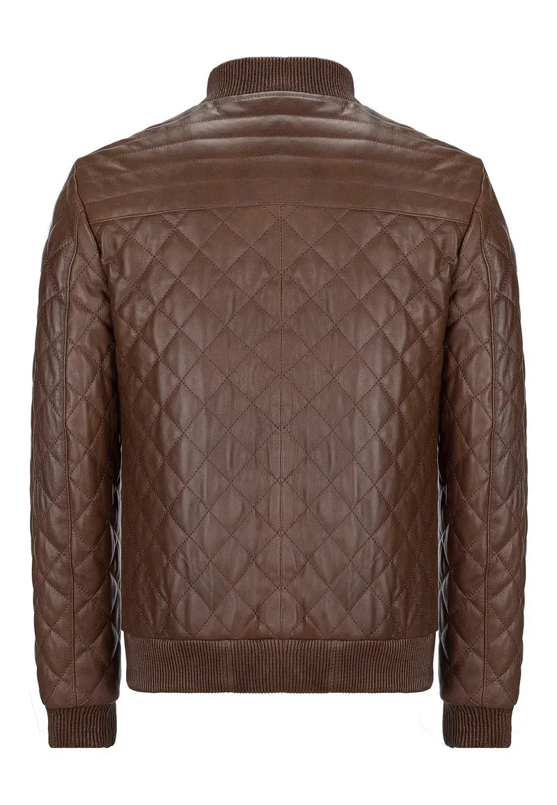 Myrion Brown Bomber Quilted Leather Jacket