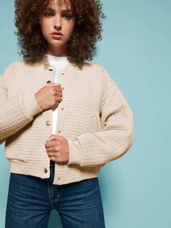 Nation Logan Oversized Quilted Bomber Jacket- White Chocolate