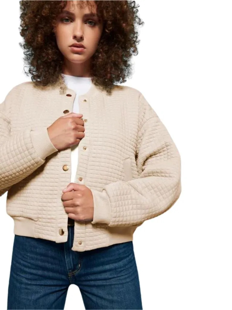 Nation Logan Oversized Quilted Bomber Jacket- White Chocolate