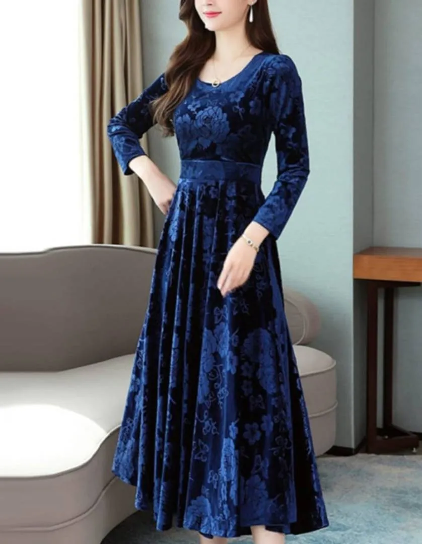 Navy Blue Velvet Long Dress