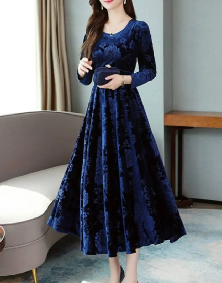 Navy Blue Velvet Long Dress