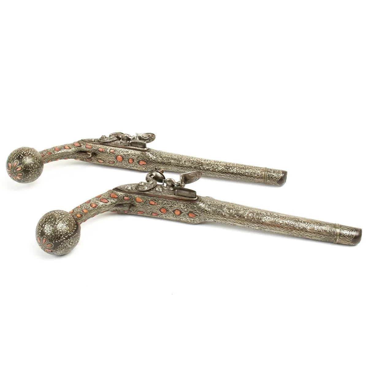 Original Ottoman Empire 1815 Pair of Flintlock Ball Butted Pistols