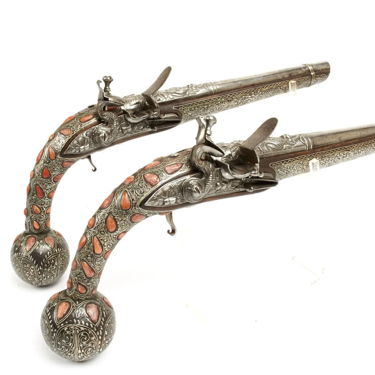 Original Ottoman Empire 1815 Pair of Flintlock Ball Butted Pistols