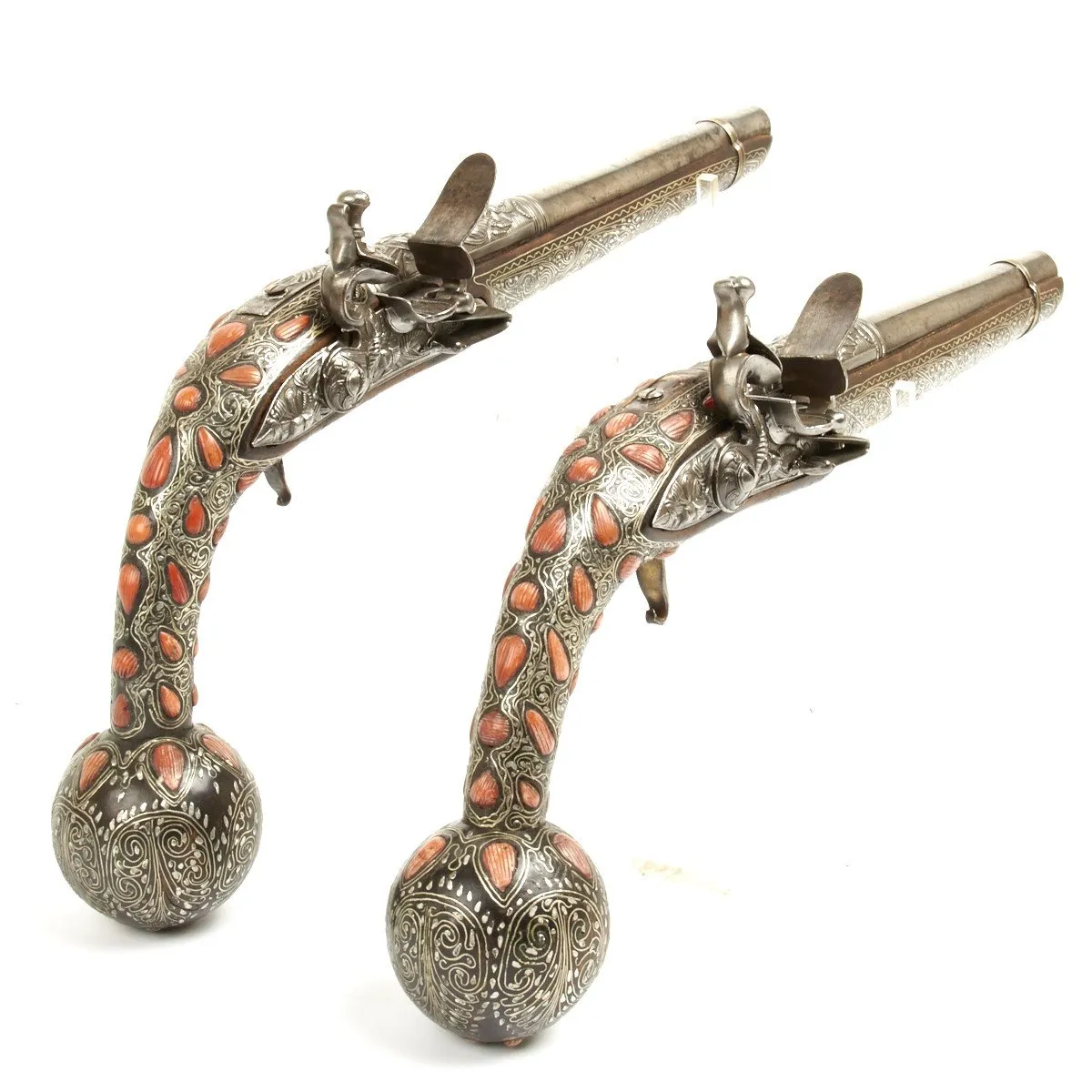 Original Ottoman Empire 1815 Pair of Flintlock Ball Butted Pistols