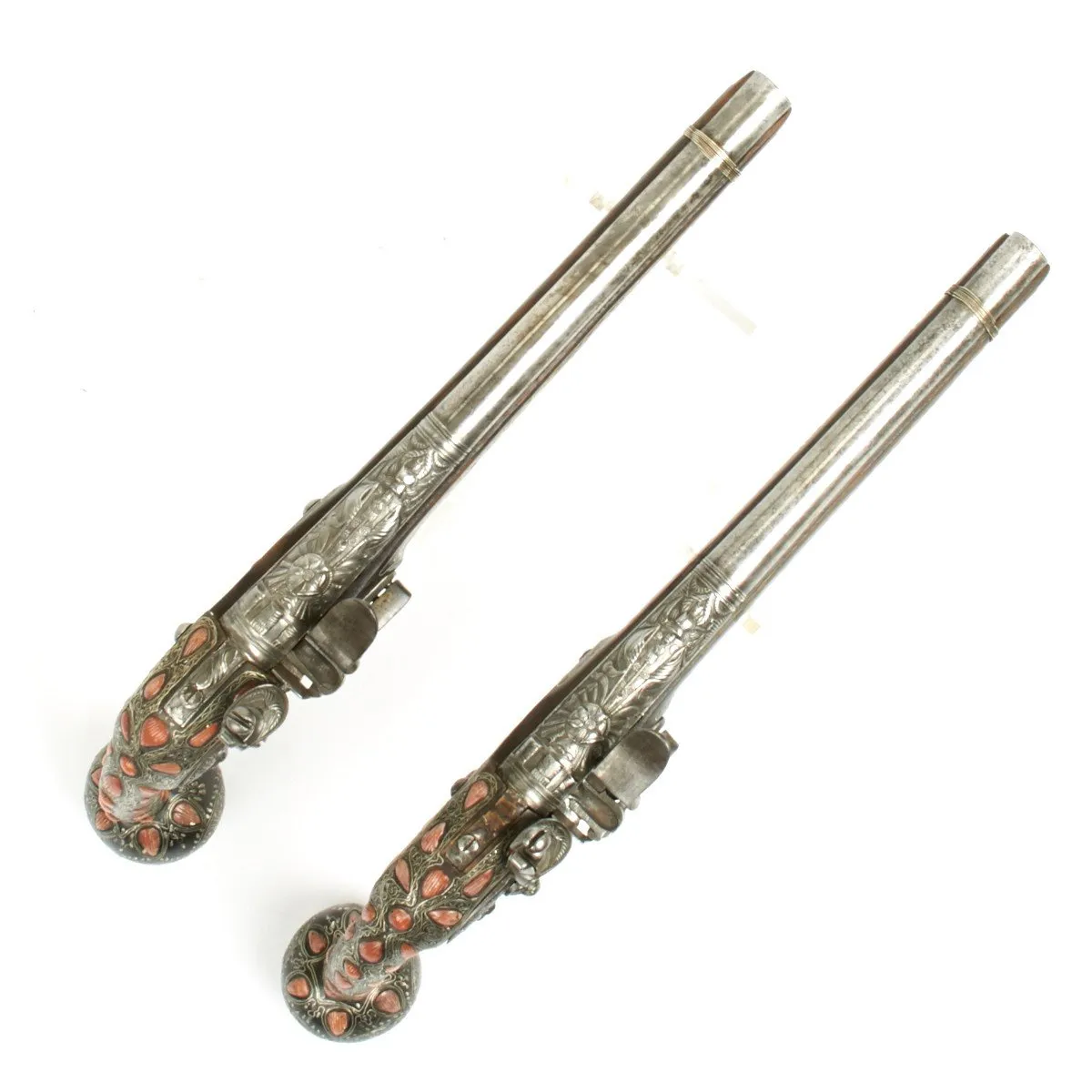 Original Ottoman Empire 1815 Pair of Flintlock Ball Butted Pistols