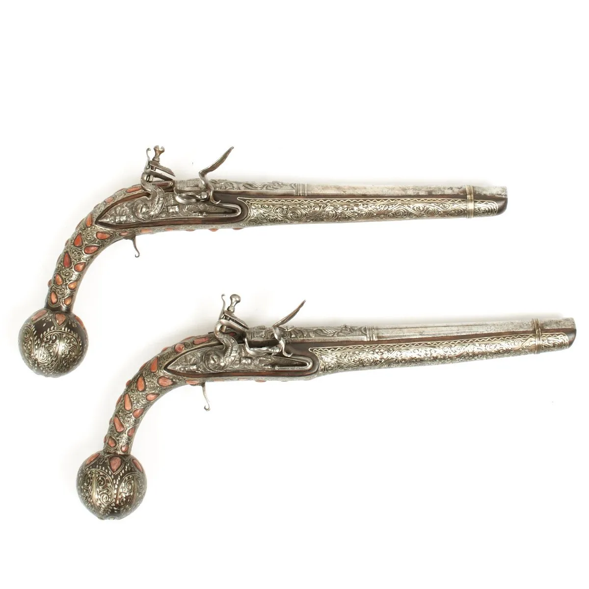 Original Ottoman Empire 1815 Pair of Flintlock Ball Butted Pistols
