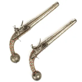 Original Ottoman Empire 1815 Pair of Flintlock Ball Butted Pistols