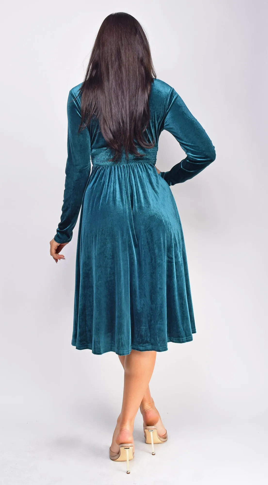 Peony Teal Blue V Neck Velvet Midi Dress