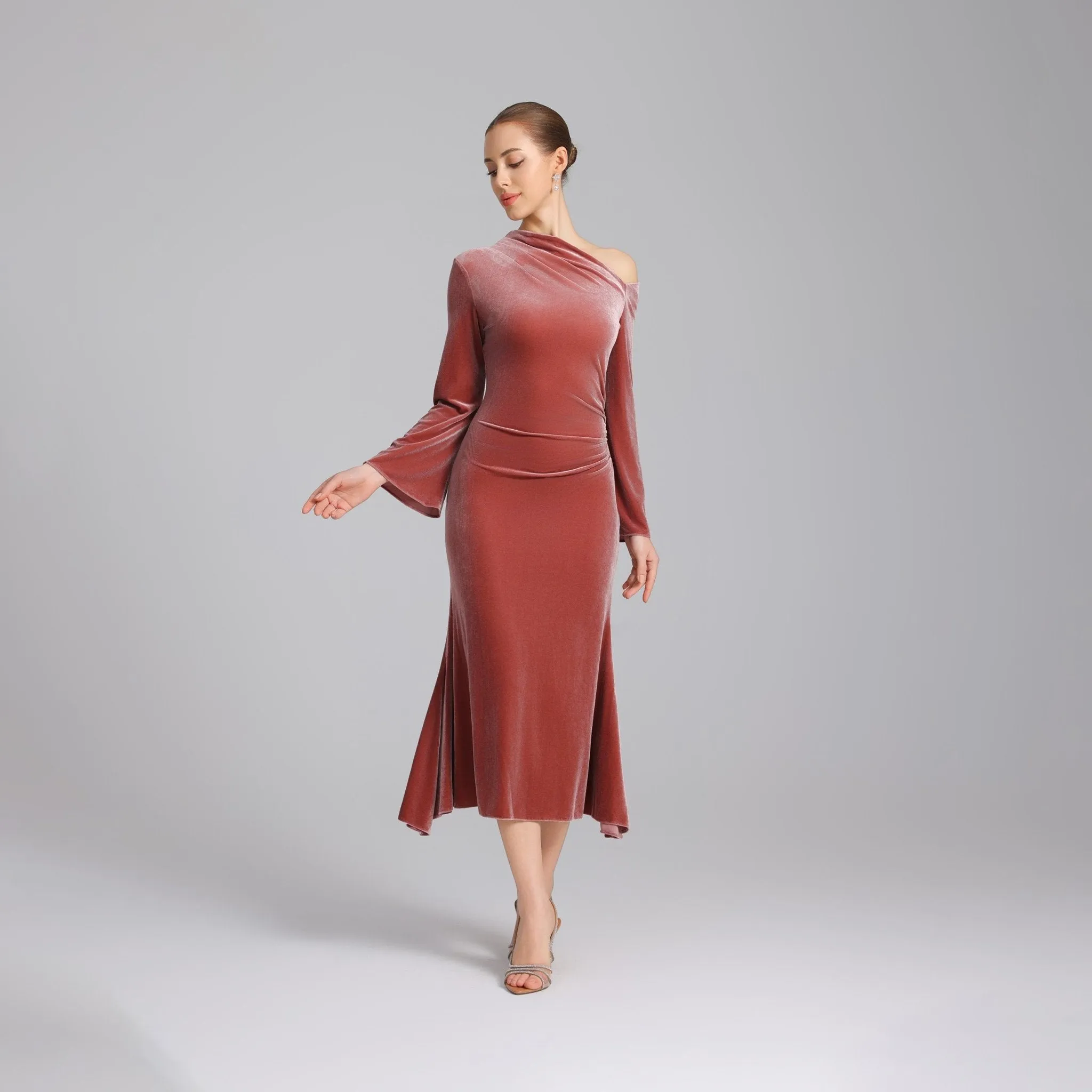 Pink Bare Shoulder Velvet Midi Dress