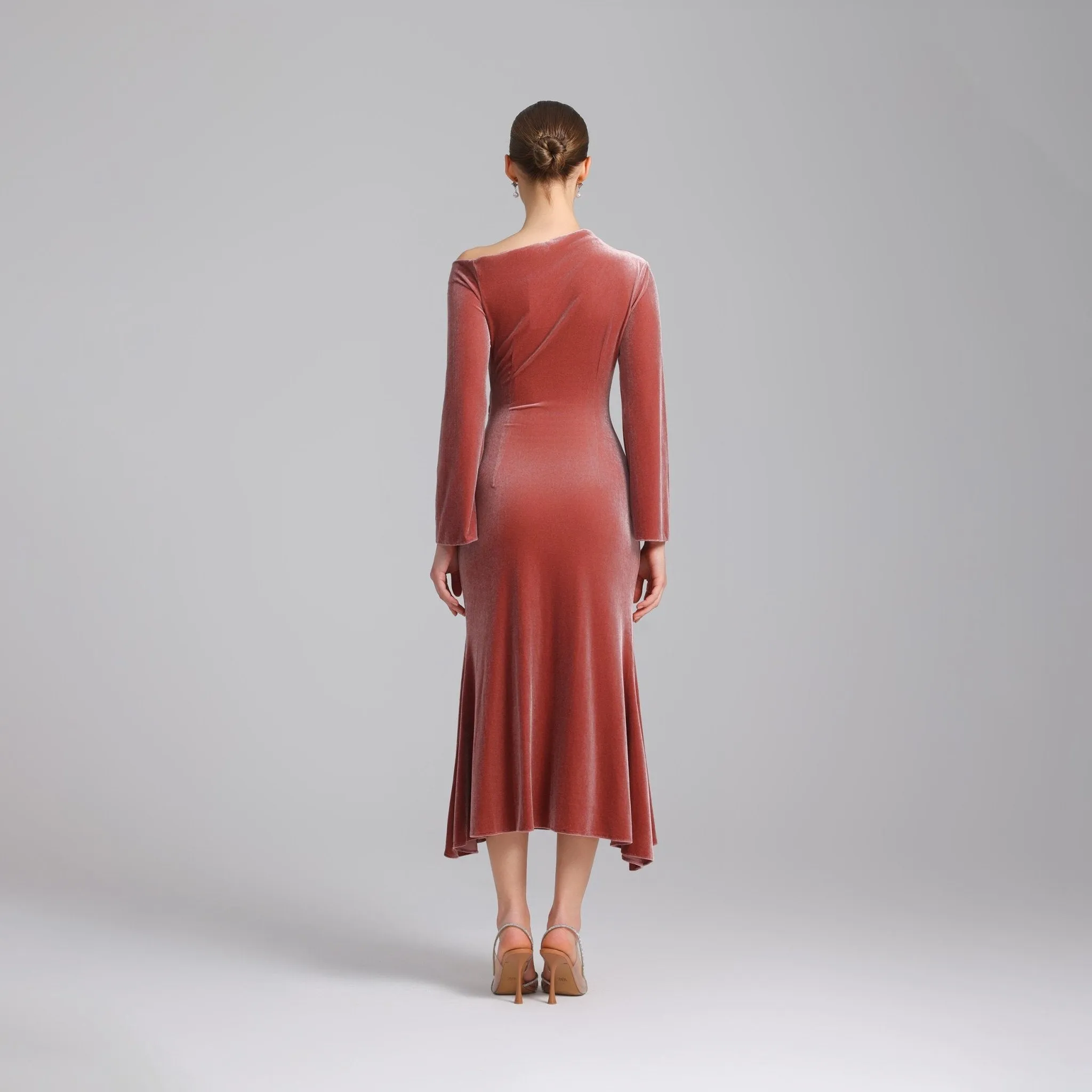 Pink Bare Shoulder Velvet Midi Dress
