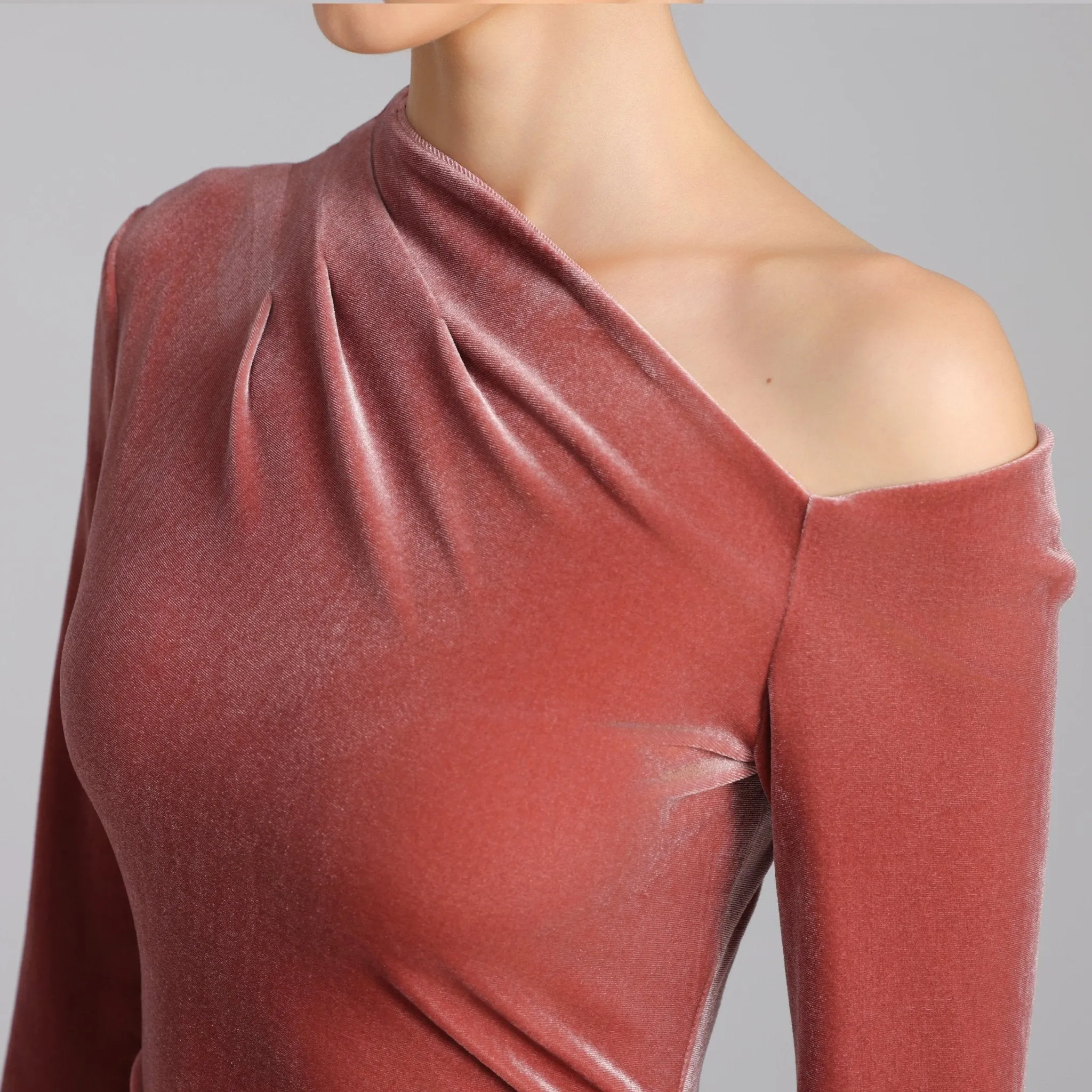 Pink Bare Shoulder Velvet Midi Dress
