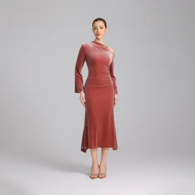 Pink Bare Shoulder Velvet Midi Dress