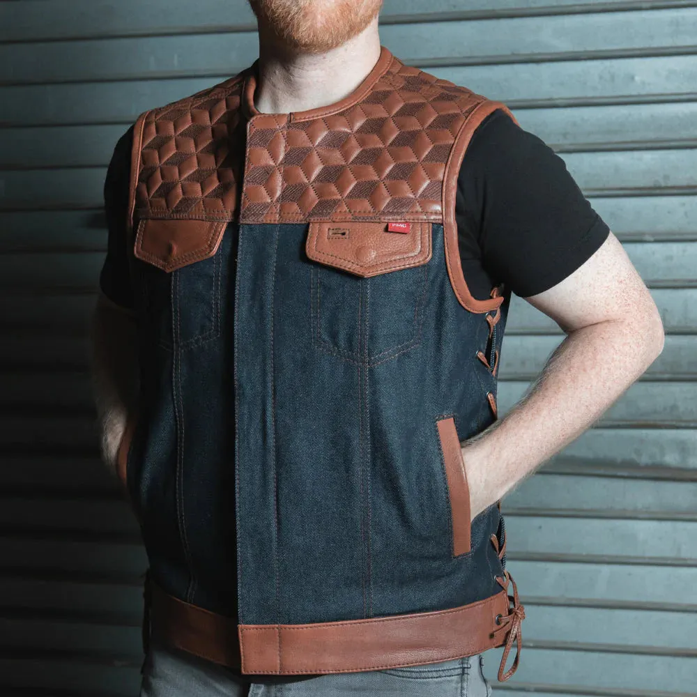 Red Label  - Men's Club Style Leather/Denim Motorcycle Vest - Limited Edition