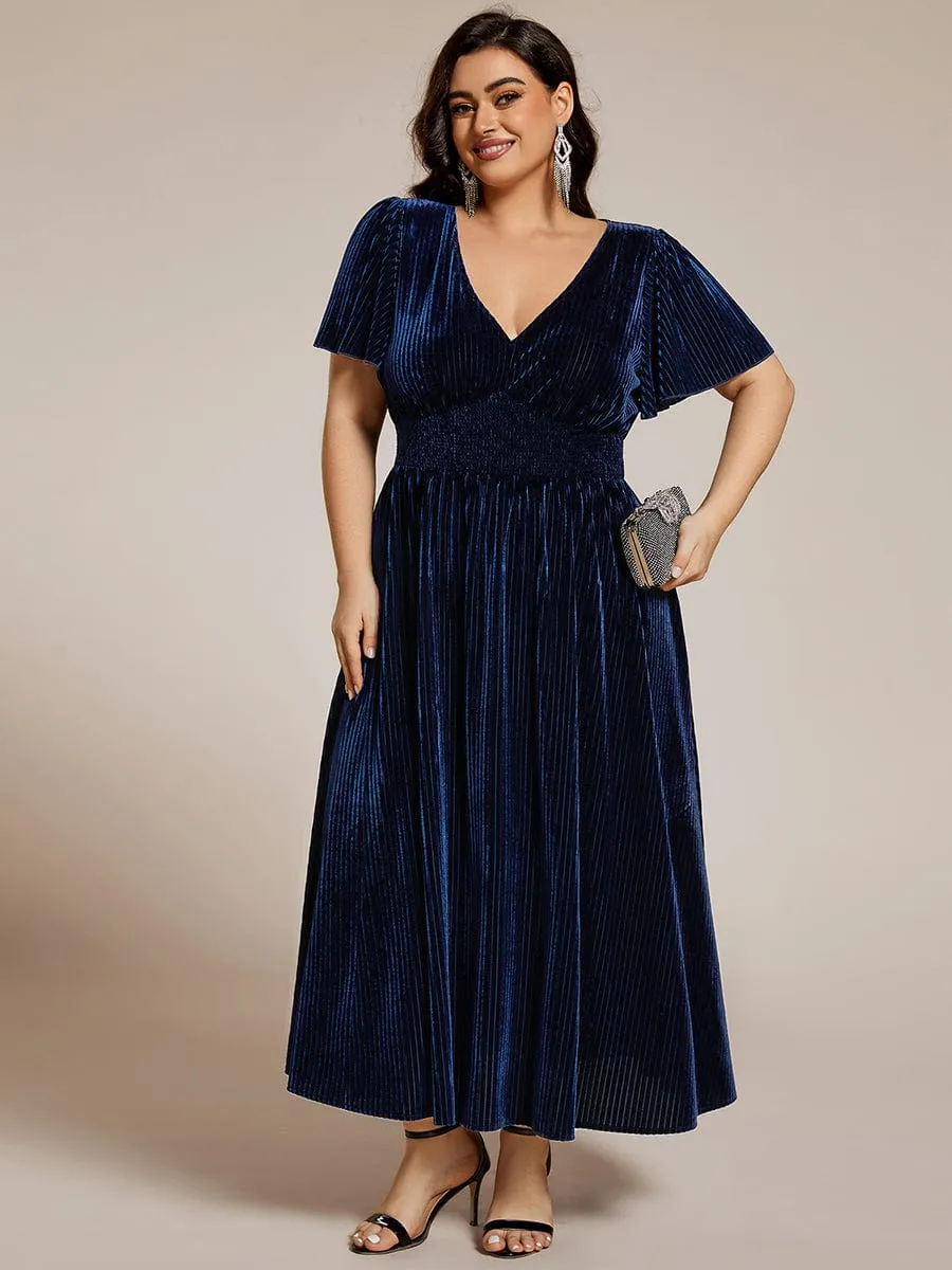 Striped Velvet Flutter Sleeves V-Neck Midi Wedding Guest Dress