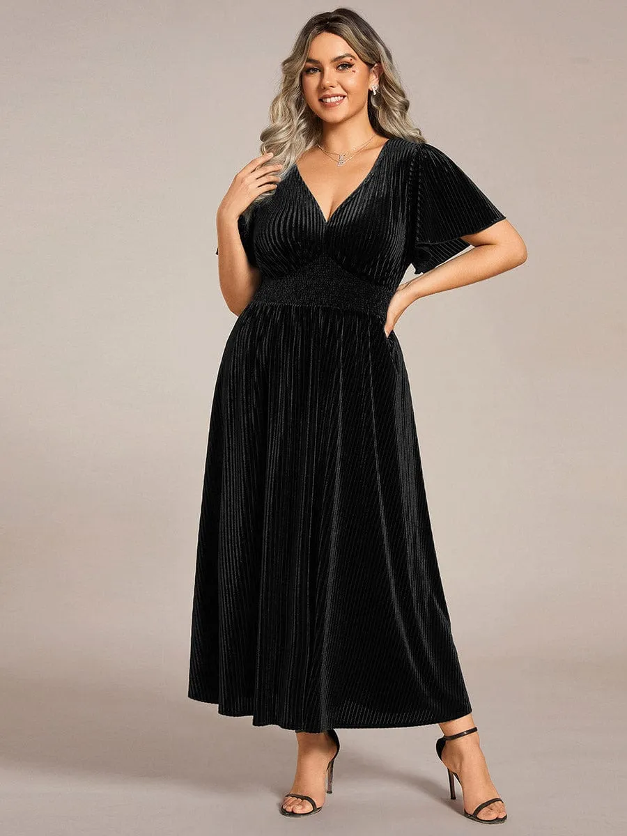 Striped Velvet Flutter Sleeves V-Neck Midi Wedding Guest Dress