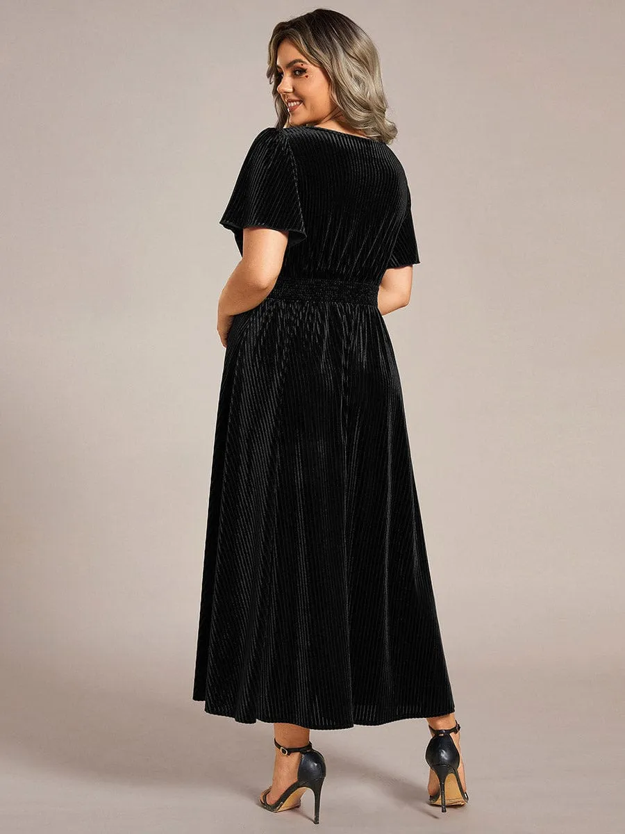 Striped Velvet Flutter Sleeves V-Neck Midi Wedding Guest Dress