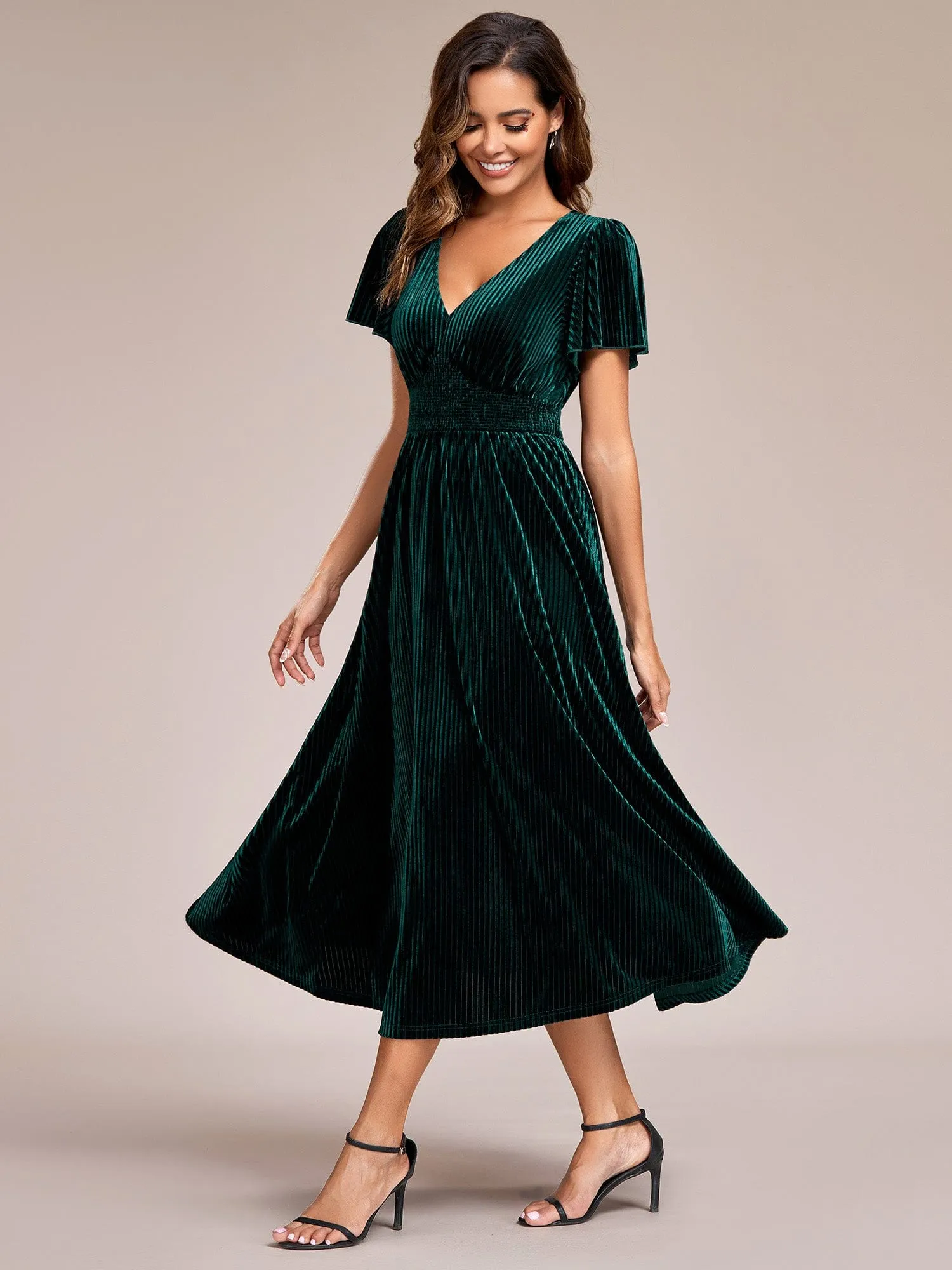 Striped Velvet Flutter Sleeves V-Neck Midi Wedding Guest Dress