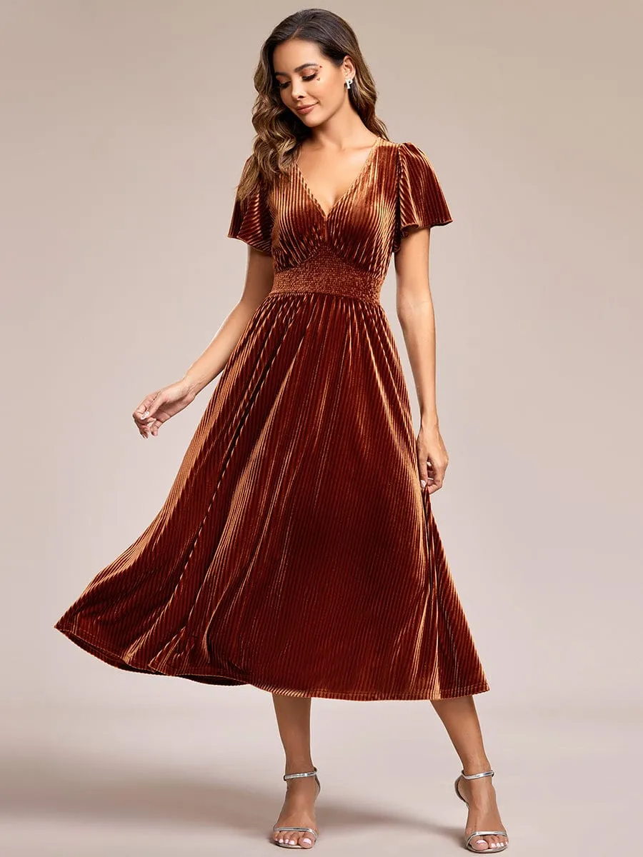Striped Velvet Flutter Sleeves V-Neck Midi Wedding Guest Dress
