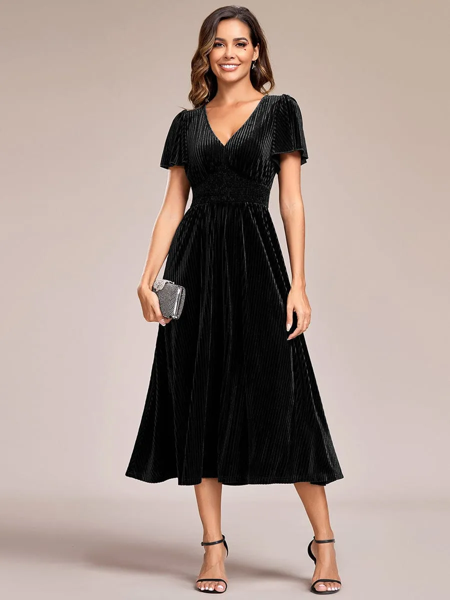 Striped Velvet Flutter Sleeves V-Neck Midi Wedding Guest Dress