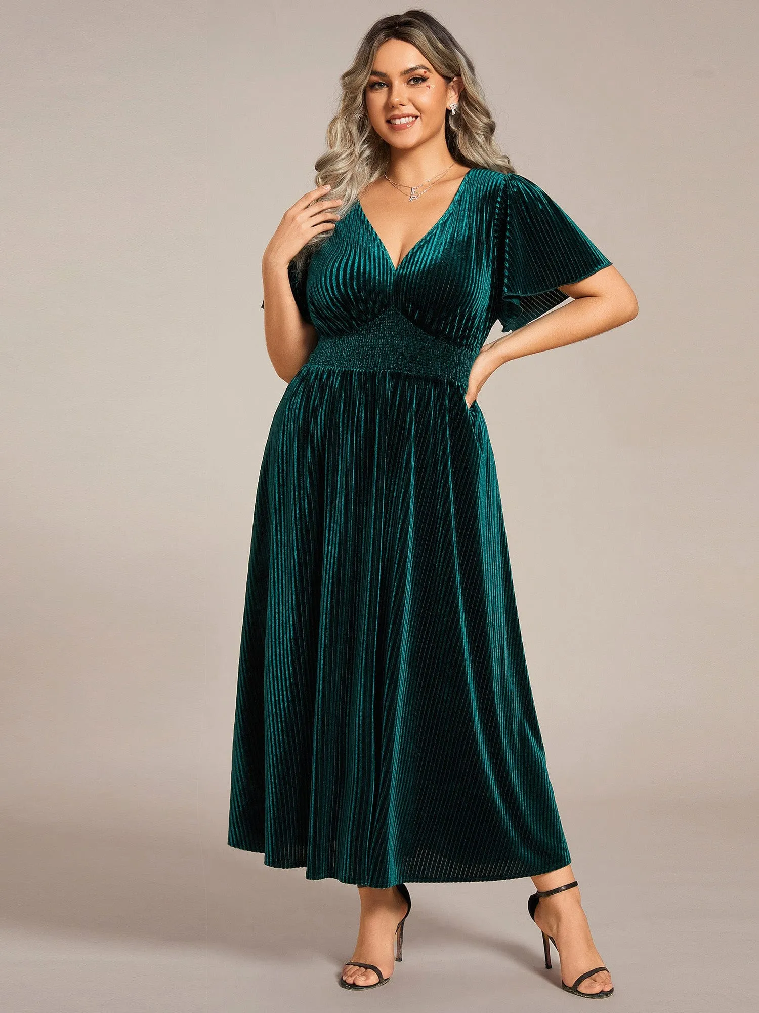 Striped Velvet Flutter Sleeves V-Neck Midi Wedding Guest Dress
