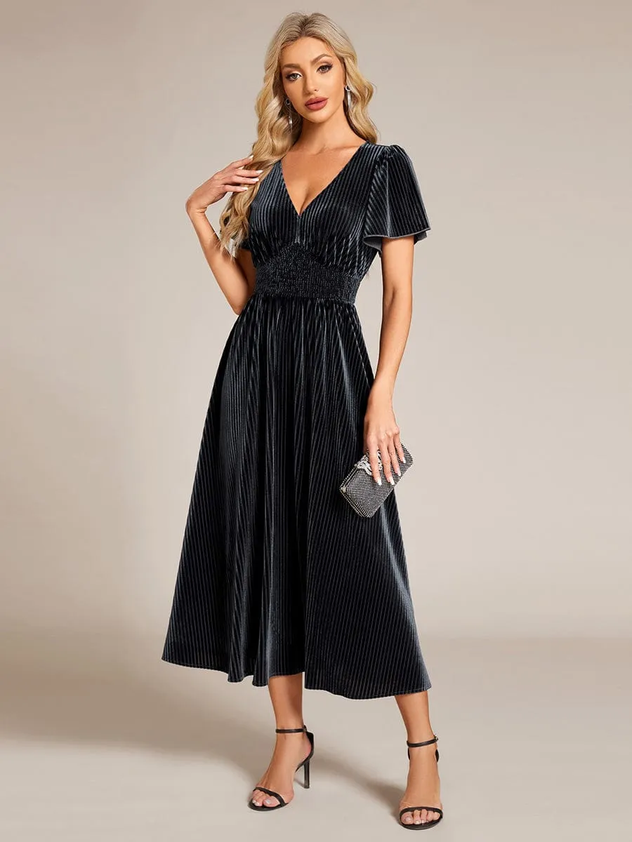 Striped Velvet Flutter Sleeves V-Neck Midi Wedding Guest Dress