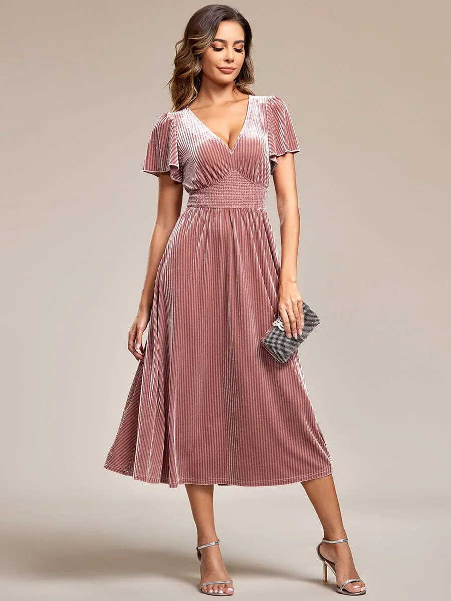 Striped Velvet Flutter Sleeves V-Neck Midi Wedding Guest Dress