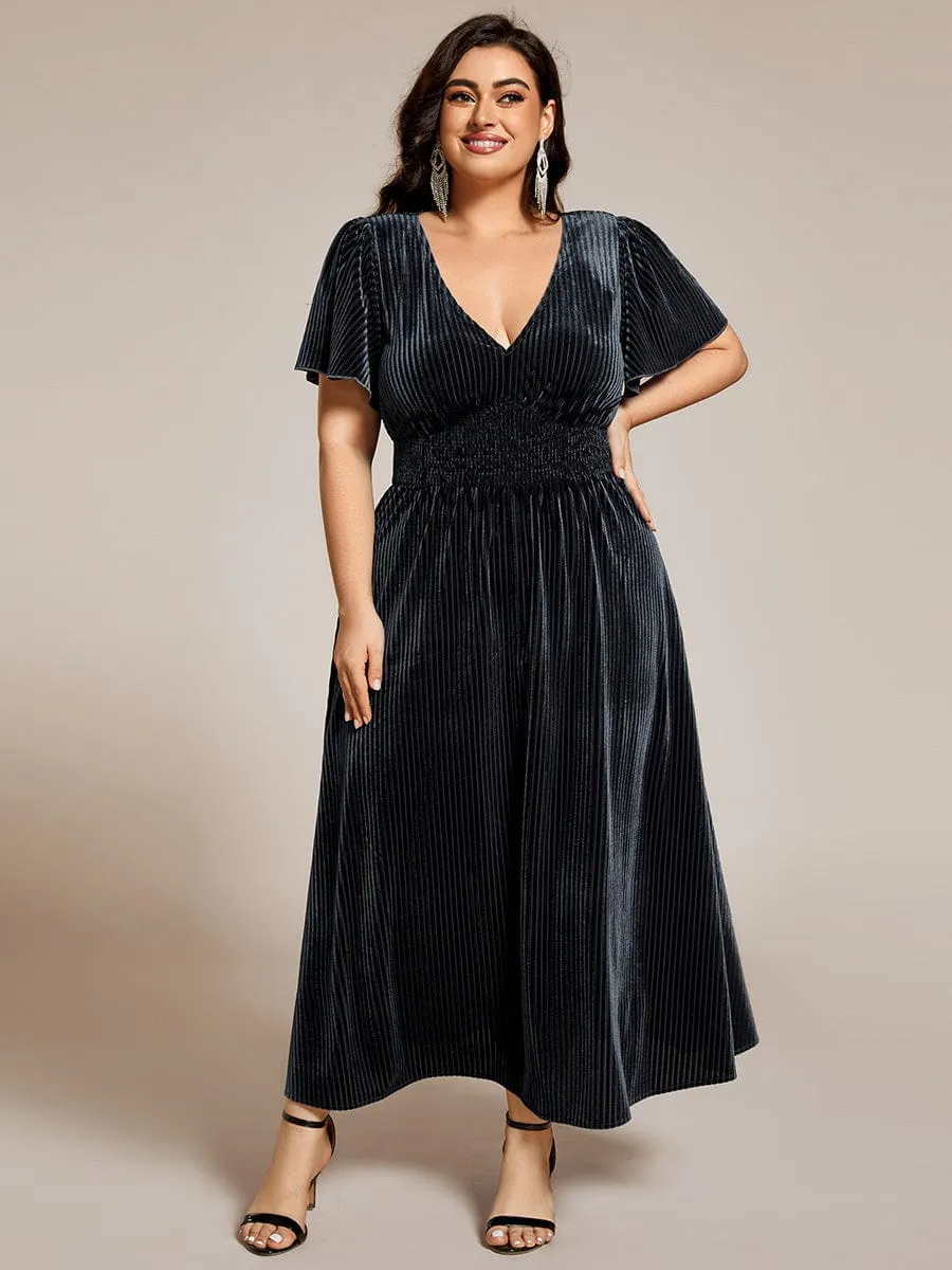Striped Velvet Flutter Sleeves V-Neck Midi Wedding Guest Dress