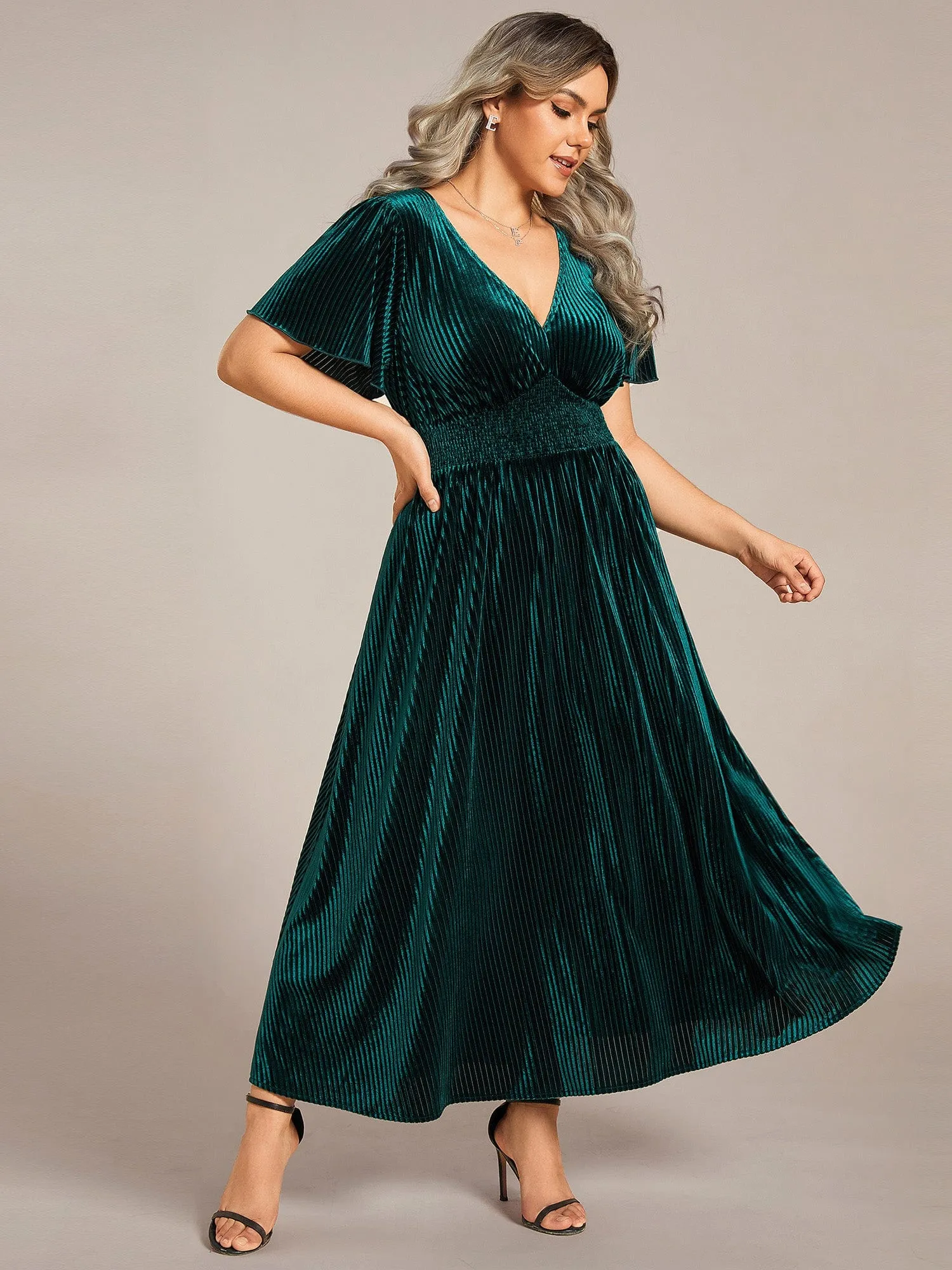 Striped Velvet Flutter Sleeves V-Neck Midi Wedding Guest Dress