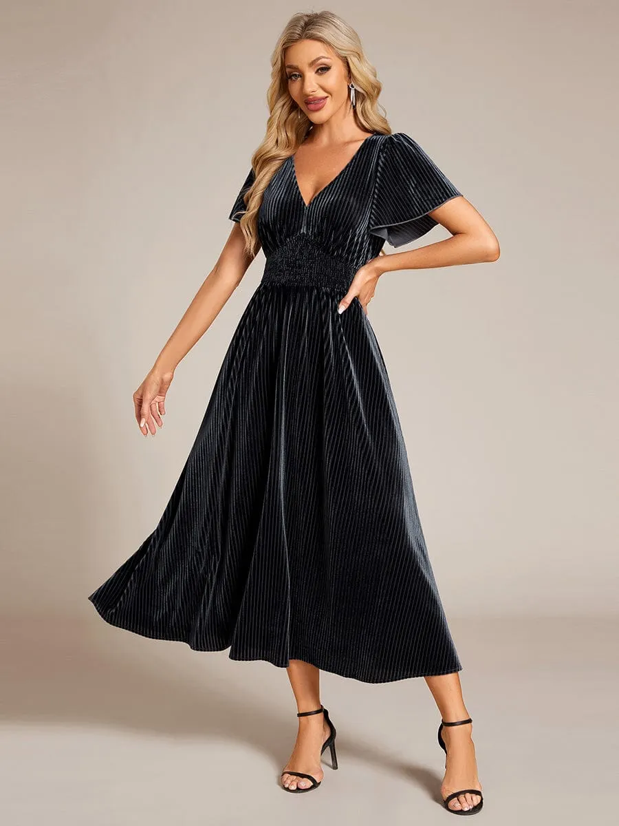 Striped Velvet Flutter Sleeves V-Neck Midi Wedding Guest Dress